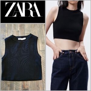 Zara Black Sleeveless Round Neck Crop Top Size Medium